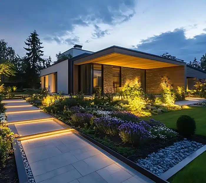 a modern single-story home at dusk with warm exterior lighting