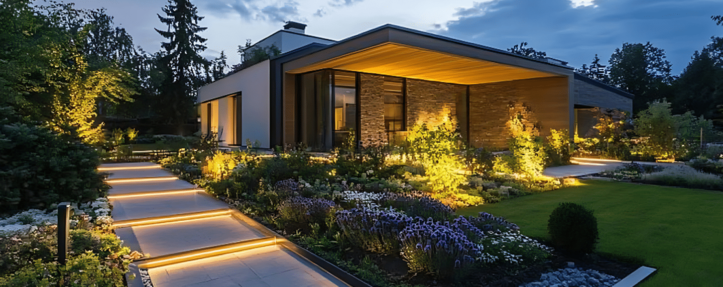 a modern single-story home with clean architectural lines and large glass windows