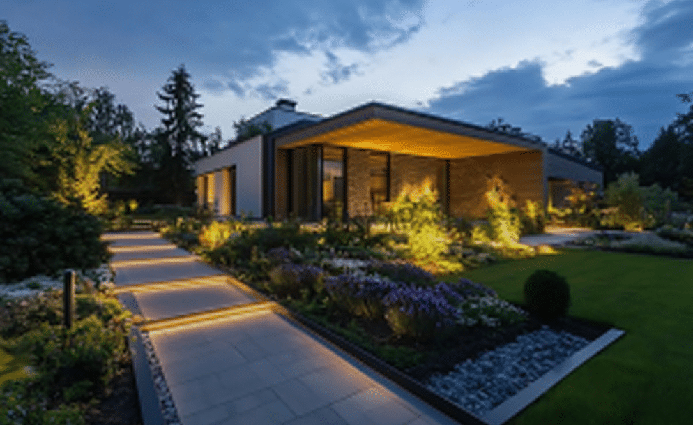 a modern two-story house at night, captured from an elevated angle new v2
